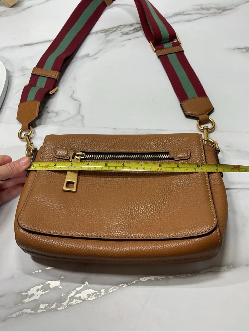 Marc Jacobs Tan Pebbled Leather Crossbody with Red and Green Striped Strap - Picture 12 of 12